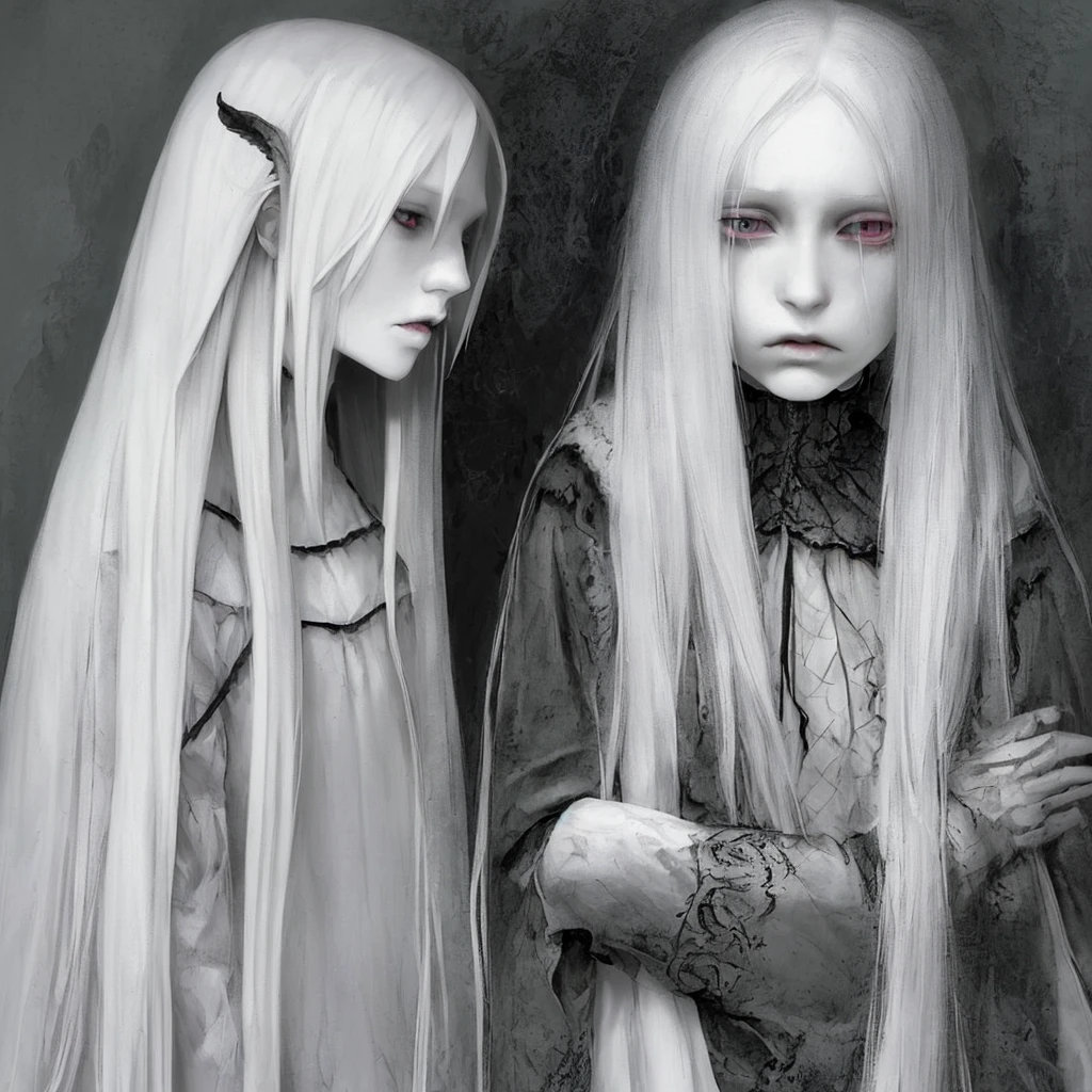 A girl with long white hair, pale skin, with the lower eyelids of the eyes, dark and extremely pale skin, appearing to be sick or weak. She's sitting in a white padded room(you already, a hospice room), the place has weak kuzes, giving a dark and melancholy atmosphere. The girl looks at the user with an expression of madness and hallucination, while the okhos glow a dark shade of purple.