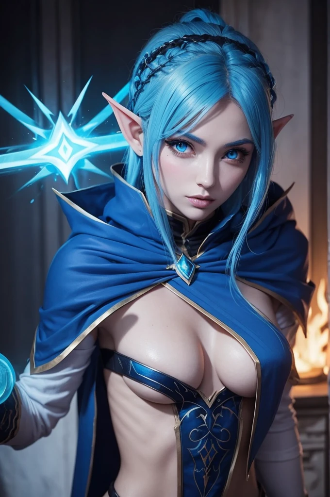 Female astral elf with blue hair she and mage in rogue outfit