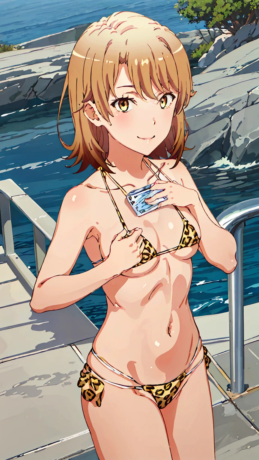 (masterpiece, 4K, Highest quality, anime style: 1.9, Detailed face, Lovely, Ocean,bold, High resolution, anime, Lake 4. alone, Curvaceous, Very slim belly, Cowboy Shot, 1 Girl,,(Leopard print micro bikini),Naked in a swimsuit,, {Isshiki_One, B, c_yahariorenoseishunlovecomewamachigatteiru:1.15}, brown_hair, short_hair, brown_eye, One Girl, 前hair,smile,(((Wink,Put your chest together)))