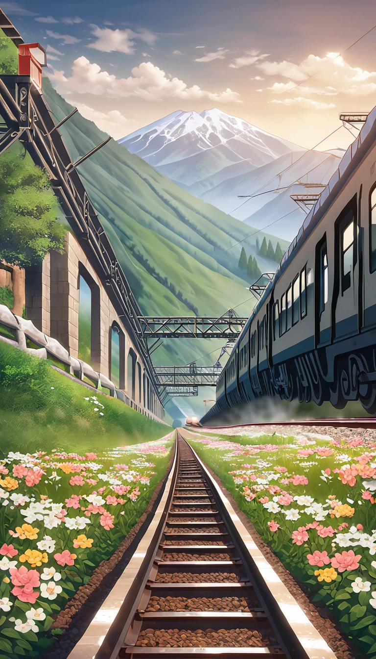 arafed train on a track with a mountain in the background, train, Photo showing, baotou china, train in a tunnel, Railroad tracks lead out of the mine, interesting composition, 4 0 9 6, sha xi, platforms, platform, Beijing, The above points, railway, Alexey Egorov, pov photos, trains,Flower Field,hillside,Hiking, plateau, buzzer,nobody