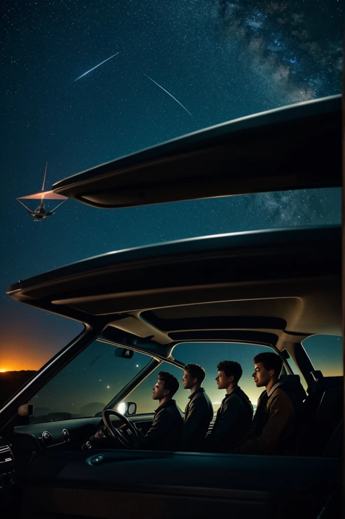 5 Young men look in amazement from a car on a lonely road at a triangular alien ship in the night sky