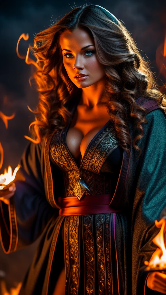 4K Illustration, comic art, destroyed fantasy village, fire, smoke, dynamic spell casting action pose, a high definition image of a young gorgeous Crissy Moran, angry, sexy mini medieval wizard robe, lips parted, smooth bob hair, perfect anatomy, beautiful make-up