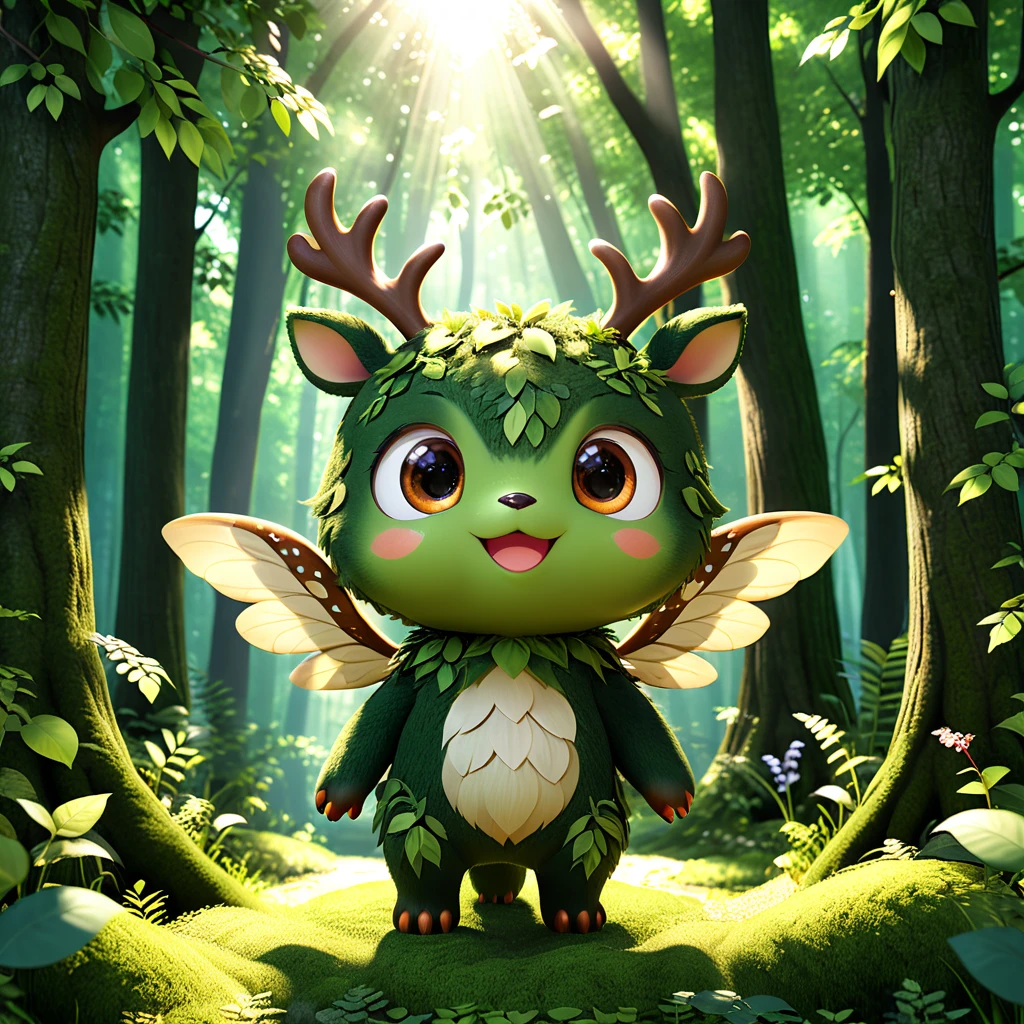 【もり】
A cute forest monster with big eyes and a gentle smile, wandering through a lush green forest. The endearing creature has small antlers and leafy wings, surrounded by tall trees and woodland animals. The background depicts a serene natural setting with sunlight filtering through the foliage. --ar 1:1 --v 6.0 3D render