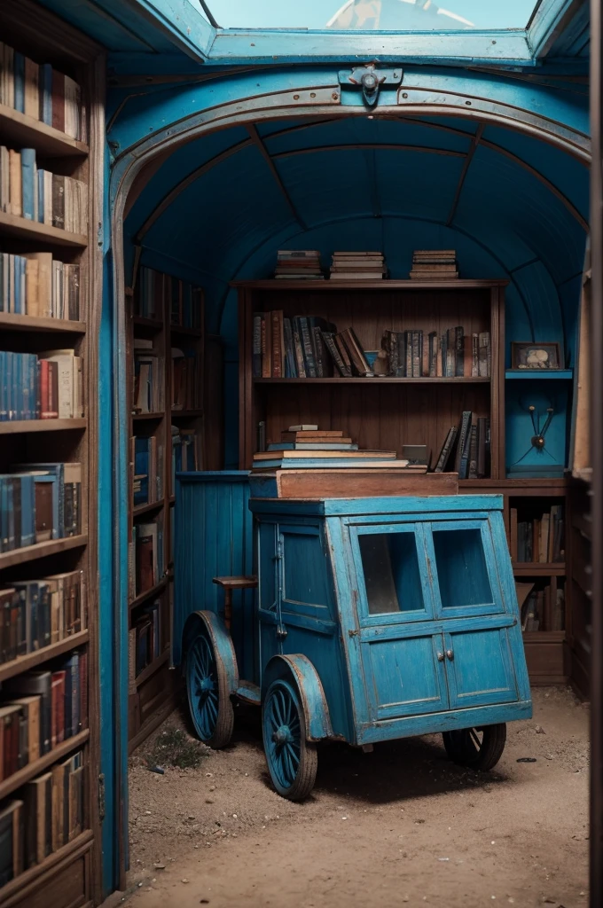 there is a blue trailer with a book case inside of it, in the art style of filip hodas, small library, books cave, by Seb McKinnon, books all over the place, 3d sculpt of a circus wagon, by Filip Hodas, inspired by Filip Hodas, magic library, borne space library artwork, 3 d render beeple