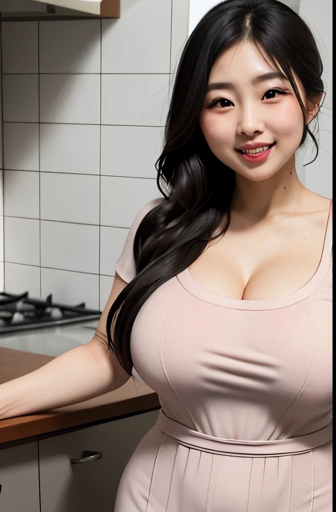 Beautiful, woman married, japanese, voluptuous, maxi knit dress, In the kitchen, seductive expression,