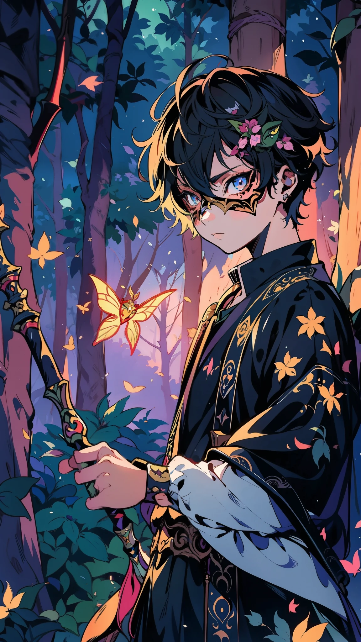A teenage boy standing in an enchanted forest, wielding a double-bladed staff, posing, with glittering fireflies around her and leaves gently falling. ((He wears a masquerade mask)), and the scene is depicted in a Pre-Raphaelite art style with an urban fantasy feel. Magical, serene, vibrant, abasterpiece)), ((best quality)), ultra detailed,((illustration)), dynamic angle, detailed light, (delicate eyes), (ahoge:0.8),apathy, ray,frontage,style of anime4 k, 4k anime wallpaper, badass anime 8 k, 4 k comic wallpaper