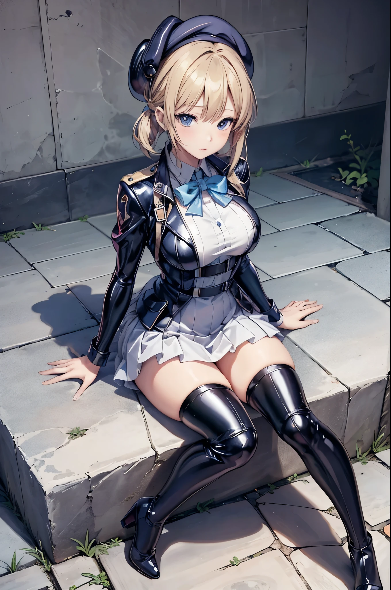 Anime-style image of a woman in a short latex uniform sitting on a cobblestone sidewalk, Anime drawing by Shitao, pixiv Contest Winner, Fantasy art, , Beautiful anime girl crouching, a Surreal , Anime girl crouching, Enchanting anime girl, Surreal , Lori、High heels、Panty shot、beret、