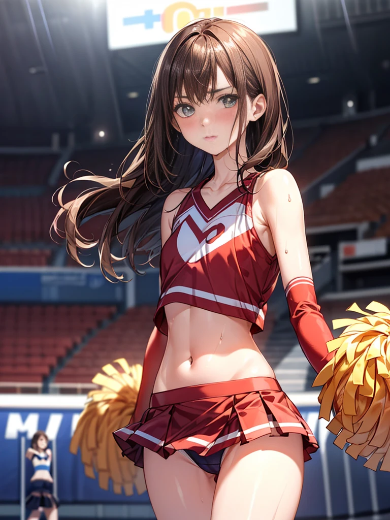 ((Perfect Anatomy:1.5,Realistic,:1.3,Raw photo:1.3,masterpiece、Highest quality、Ultra - High resolution、High resolution、Extremely detailed CG、8K)),Cowboy Shot,1 female,alone,20 year old beauty,((Beautiful and exquisite face and eyes,Big and beautiful eyes)), Brown eyes,(Annoyed expression, Blushing, Embarrassed expression),(Brown Hair,Long Hair,amount,Center parted hair:1.2、Straight hair),(Medium chest,Slender body,Small Head:1.3,skinny,Sunburn,Glowing Skin,Oily skin,Shiny skin,Sweat:1.4,Wet crotch、Camel Toe),(Cheerleader,Cheerleader uniform,No sleeve、belly button、mini skirt),Red clothing cheerleading,Lift your legs:1.7,Turn your body towards the viewer、Audience seats、Arena、