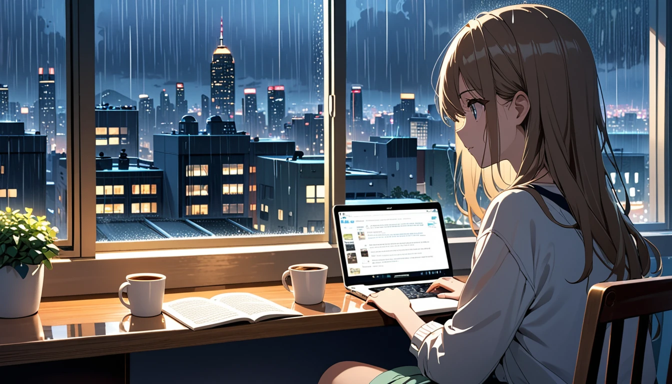 An illustration of a girl studying in an anime-style urban cafe. She sits by the window, concentrating on reading a book while feeling the hustle and bustle of the city outside. Her expression is focused, but also reflects a certain loneliness. The interior of the cafe is cozy, with a coffee cup and a book on the table. Outside the window, it is raining. You can see the city lights and distant buildings. This scene expresses the diverse emotions and tranquility of city life.