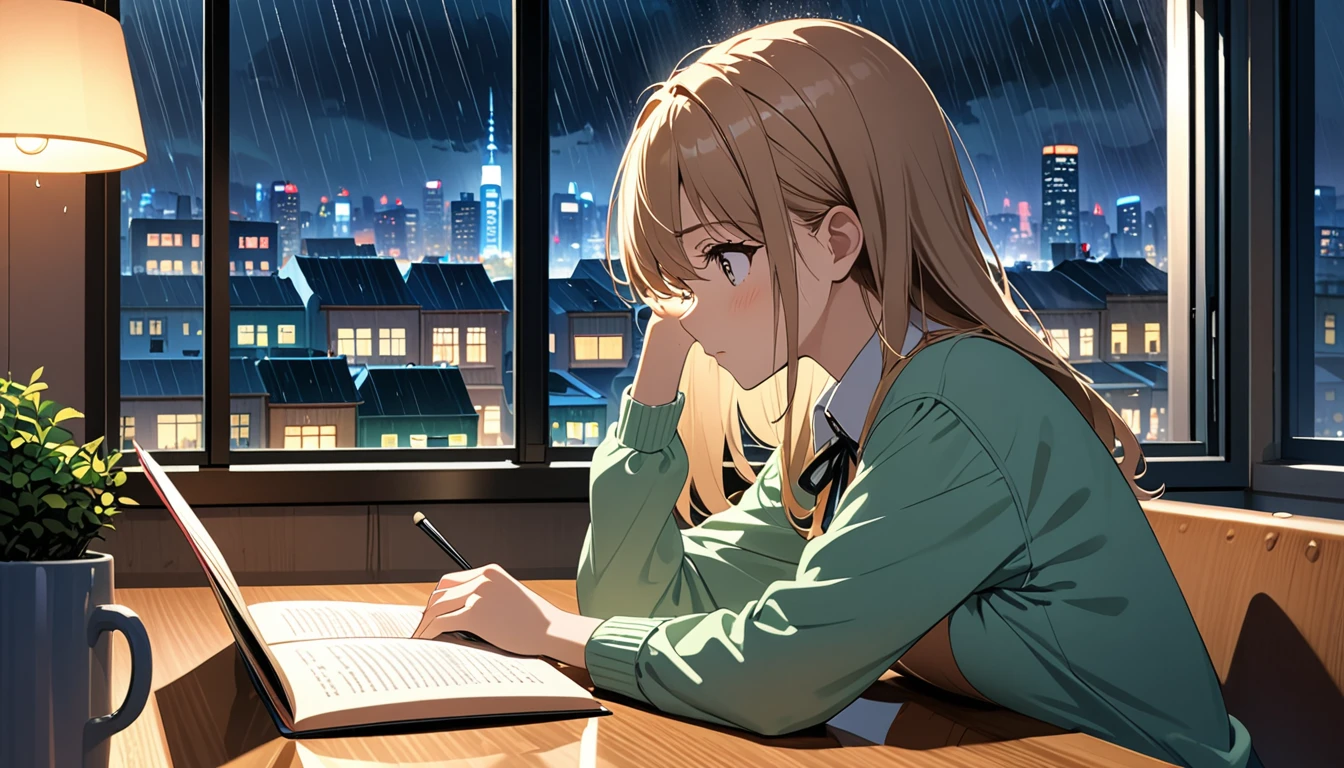 Falling asleep face down while studying at night、A cute girl with a little emphasis on her breasts