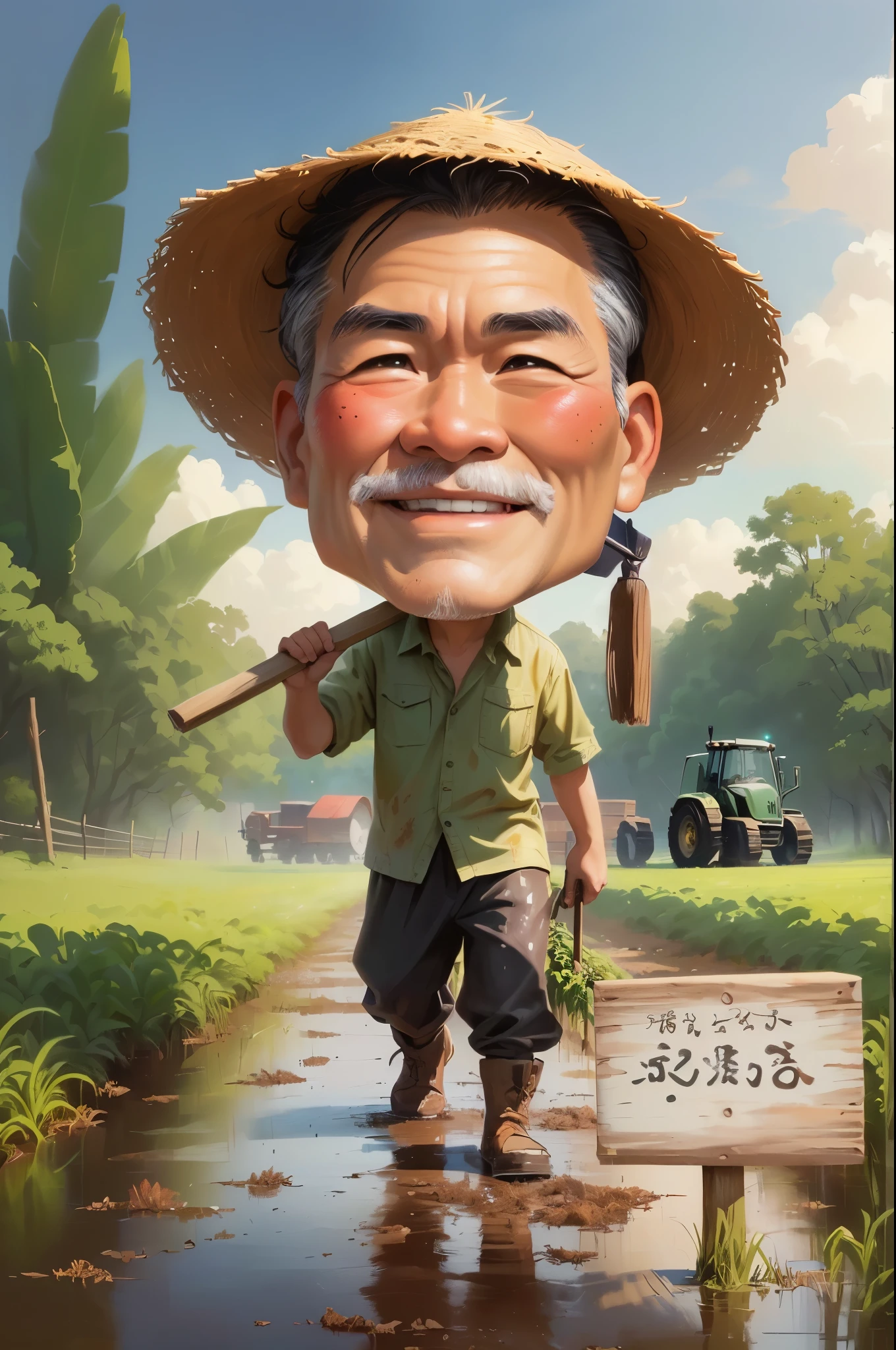 cartoon man walking in a muddy field with Bring a hoe, With a wooden plank stuck in front of him, caricature illustration, farmer, caricature style, japanesse farmer, cartoon portrait, caricature, cartoon digital painting, caricature!!!, south east asian with round face, cartoon artstyle, potrait, cartoon digital art, digital cartoon painting art, do hoang tuong artwork, big head