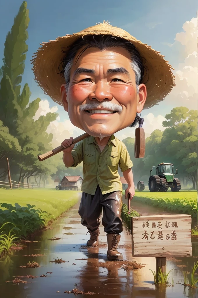 cartoon man walking in a muddy field with Bring a hoe, With a wooden plank stuck in front of him, caricature illustration, farmer, caricature style, japanesse farmer, cartoon portrait, caricature, cartoon digital painting, caricature!!!, south east asian with round face, cartoon artstyle, potrait, cartoon digital art, digital cartoon painting art, do hoang tuong artwork, big head