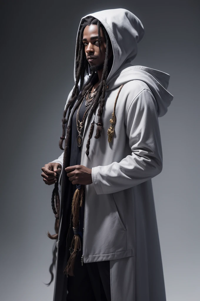 Make a dark-skinned wizard, with dreadlocks tied back an age of 18, grey-eyed, with a suitcase full of mythological creatures, his clothing is a white hooded suit from the wizarding world