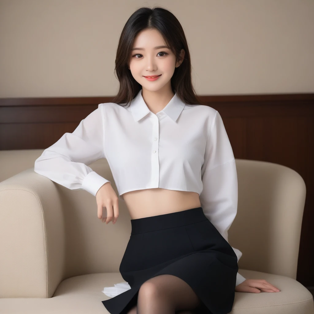 8K, Ultra-high resolution, Highest quality, masterpiece, 三分割法によるphotograph,Surreal, photograph, 1 girl, (16 years old:1.3), pretty girl, Cute face, Beautiful eyes in every detail, 細かくdetailedに,masterpiece,, One Girl:1.2, Japan Female Announcer,whole body,Low angle view,Young Wife,A woman sitting on a sofa,White blouse with collar,Black Pencil Skirt,Black Stockings,Black high heels、Full of cleanliness,A carefree smile,Healing the heart,Semi-long layered hair,Looking at the audience、beauty,Long neck、Laugh a little、Please close your mouth and laugh、(((Ideal body type))),A-cup small breasts :2,、Portraiture:2、Perfect Anatomy、鮮明なdetailed、detailed、Surreal、Light and shadow,Strong light