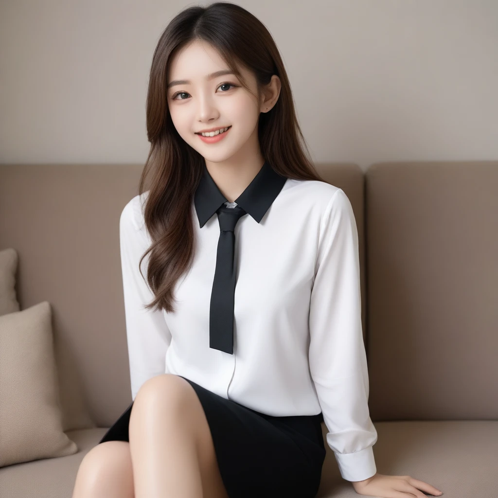 8K, Ultra-high resolution, Highest quality, masterpiece, 三分割法によるphotograph,Surreal, photograph, 1 girl, (16 years old:1.3), pretty girl, Cute face, Beautiful eyes in every detail, 細かくdetailedに,masterpiece,, One Girl:1.2, Japan Female Announcer,whole body,Low angle view,Young Wife,A woman sitting on a sofa,White blouse with collar,Black Pencil Skirt,Black Stockings,Black high heels、Full of cleanliness,A carefree smile,Healing the heart,Semi-long layered hair,Looking at the audience、beauty,Long neck、Laugh a little、Please close your mouth and laugh、(((Ideal body type))),A-cup small breasts :2,、Portraiture:2、Perfect Anatomy、鮮明なdetailed、detailed、Surreal、Light and shadow,Strong light