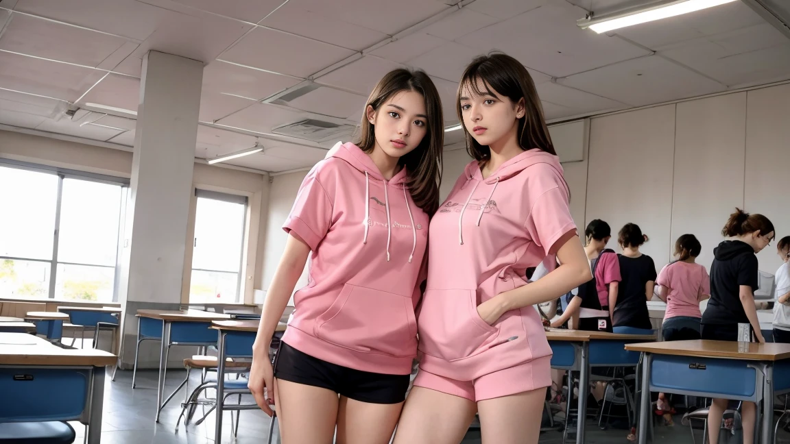 deux femmes ensemble de 18 ans sexy et mince , pink short sleeve hoodie , salle de classe, se touche,position sey,sensuel