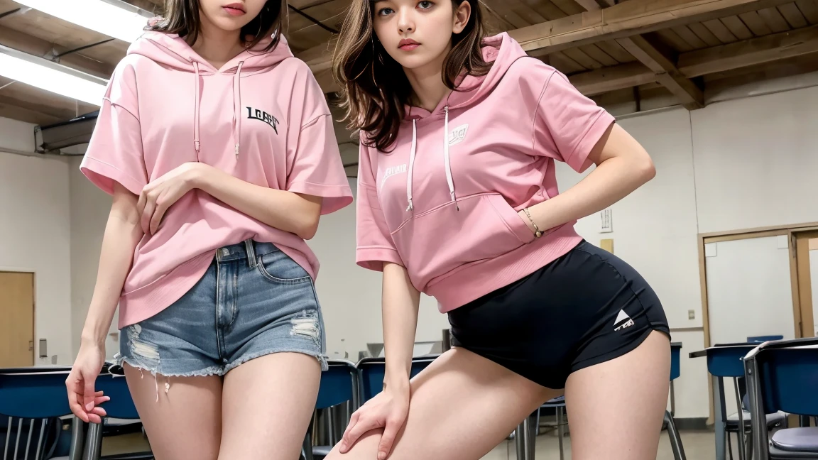 deux femmes ensemble de 18 ans sexy et mince , pink short sleeve hoodie , salle de classe, se touche,position sey,sensuel