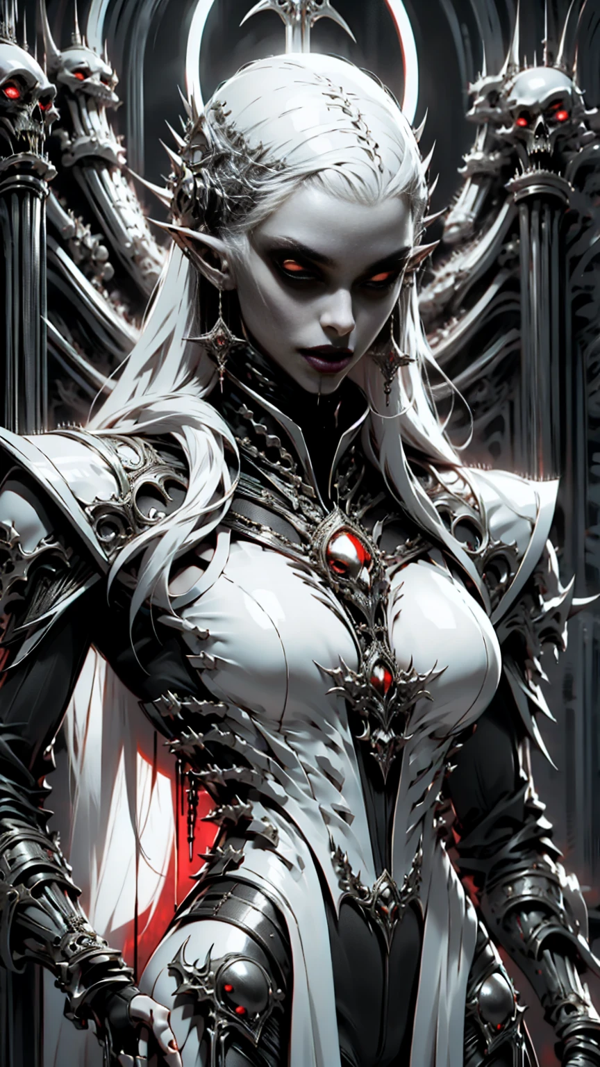 (masterpiece:1.1), (best quality:1.1), (ornate:1.1), (monochrome:1.3), (black and red:1.3), BREAK, (horror:1.0), (esoteric:1.1), (solo:1.4), (dynamic angle:1.0), (cowboy shot:1.0), (woman:1.1),(very muscular bodybuilder girl:1.25), (huge upper body:1.25), (narrow hips:1.0), long hair, (gothic intricate vampiric armor:1.25), ((full body front view)), (gauntlets:1.0), (shoulder armor:1.1), ((tarot style frame:1.25)), (glowing red eyes:1.25)