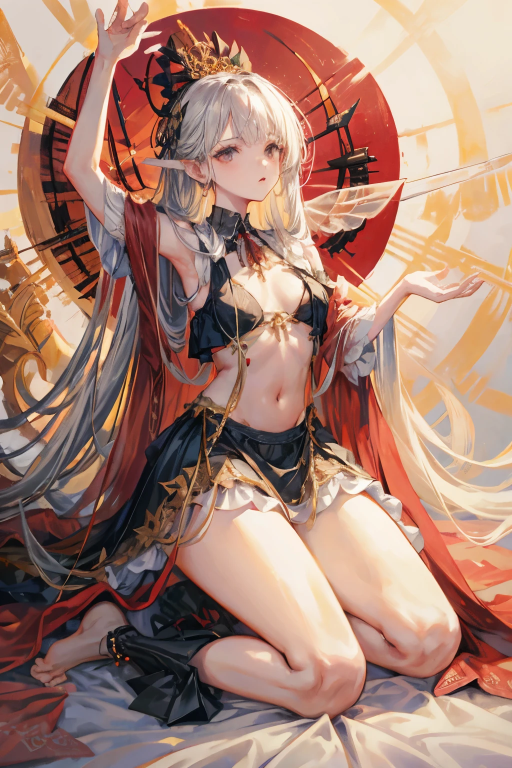  ((best quality)), ((masterpiece)), (detailed), 1girl, Character design, scholarly  female, scholar, female scholar, educator, teacher, fortune teller, palm reader, astrology, astrological symbolism, star reading, celestrial theme, heavens, heavens above, constellations, dynamic poses, long white grey hair, grey white eyes, very skinny, detailed, best quality, no accesoires around the neck, no shoes, prominent collarbones, skinny arms, flat stomach, visible hip bones, full body, blank white background, plain background, white background, red and white clothing, Bloodborne inspired, occult aesthetic, occult, detailed and intricate steampunk and detailed gothic, NSFW, Fluttering lace flared long knee length dress with frilly petticoats, knee length dress, pleated petticoats, petticoats gothic, complex lace boots, gothic aesthetic, wielding a mighty sword with mechanical components, mandalas, small breasts, a fairy, various different types of insect wings, beetle wings, NSFW, full body, whole body, body, chains, 
