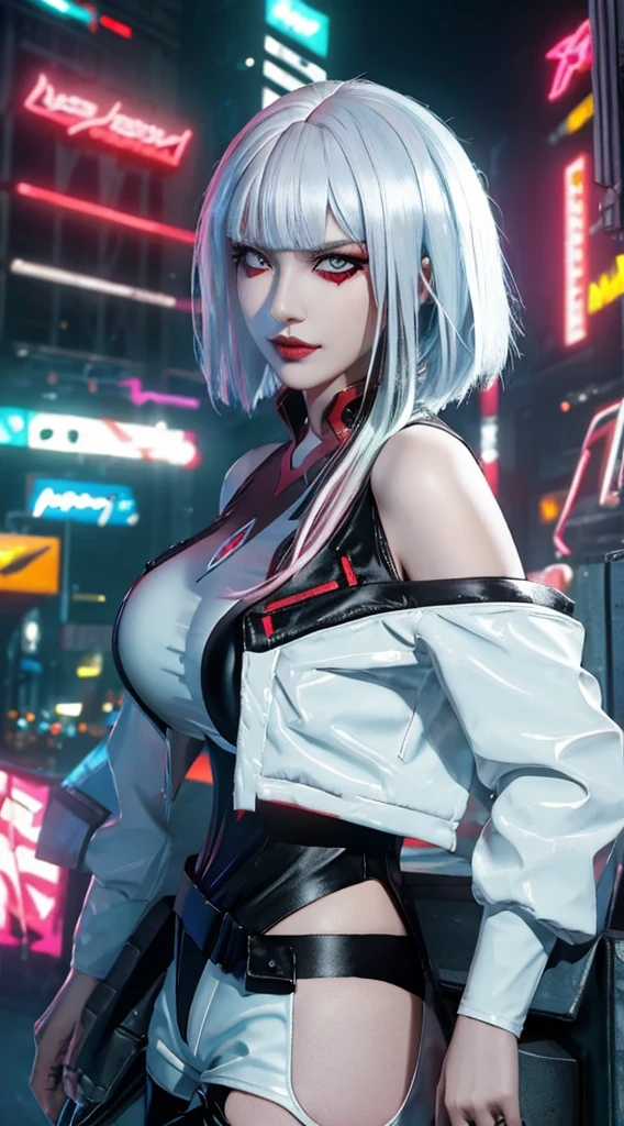(masterpiece, best details), lucy_cyberpunk, (close up),1 sweet girl,white short hair, bangs,(medium breasts:1.5) ((red eyeliner)), ((makeup)),red lips, (white off-shouler jacket), black bodysuit, bare shoulders, white shorts, hip vent, (dynamic pose), looking at viewer, upper body,fantasy, high contrast,cityscape, neon lights, neon trim, ((cyberpunk)), (seducing expression, slight smile), low angle