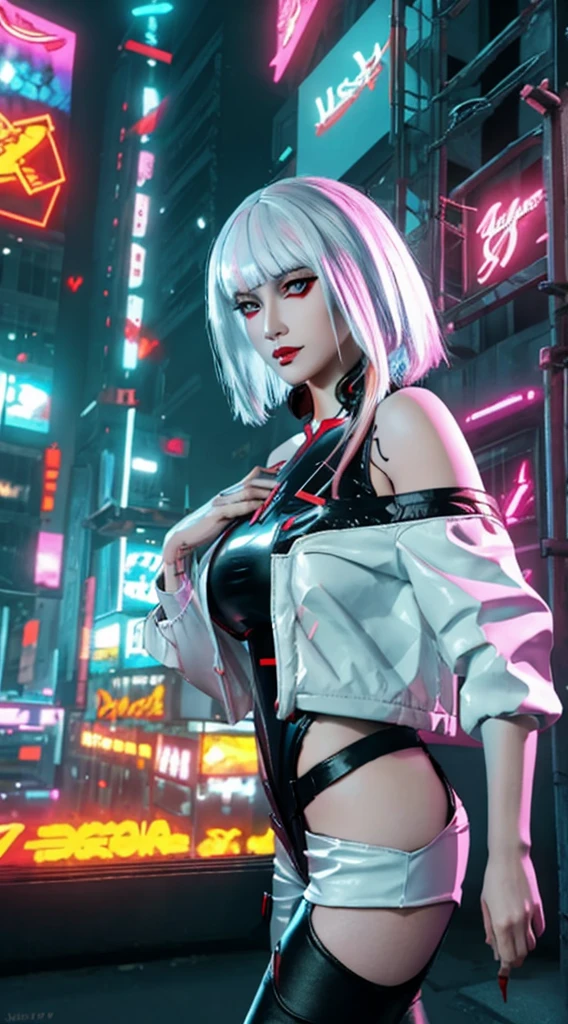 (masterpiece, best details), lucy_cyberpunk, (close up),1 sweet girl,white short hair, bangs,(medium breasts:1.5) ((red eyeliner)), ((makeup)),red lips, (white off-shouler jacket), black bodysuit, bare shoulders, white shorts, hip vent, (dynamic pose), looking at viewer, upper body,fantasy, high contrast,cityscape, neon lights, neon trim, ((cyberpunk)), (seducing expression, slight smile), low angle