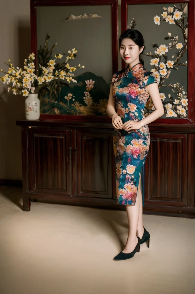 1girl, suonxam, photo art, (flower:1.2), a stunning photo with beautiful saturation, ultra high res,(realistic:1.4)),deep shadow,(best quality, masterpiece), pale skin, dimly lit, shade, flustered, blush, highly detailed, skinny, BREAK depth of field, film grain, wrinkled skin, looking at viewer, knee, warm smile, (full body:1.2), masterpiece,ultra realistic,32k,extremely detailed CG unity 8k wallpaper, best quality