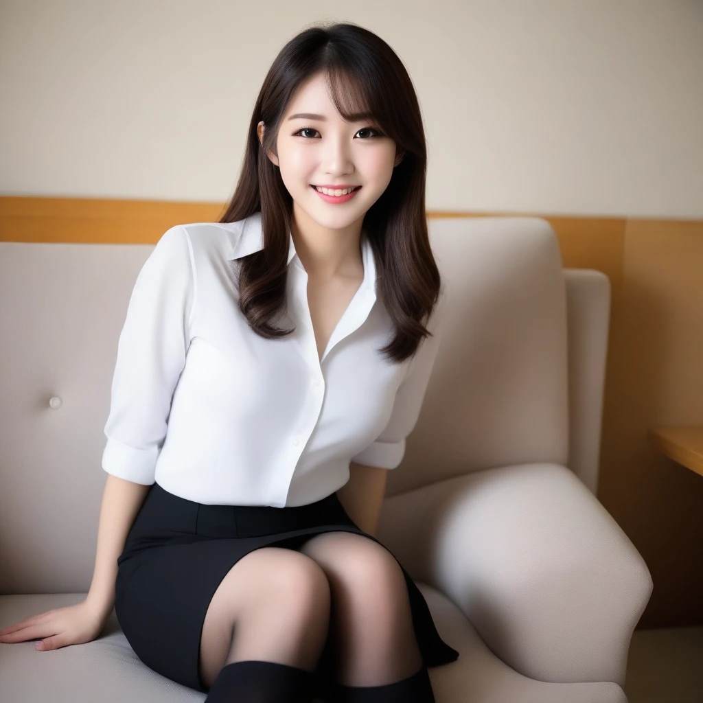 8K, Ultra-high resolution, Highest quality, masterpiece, 三分割法によるphotograph,Surreal, photograph, 1 girl, (16 years old:1.3), pretty girl, Cute face, Beautiful eyes in every detail, 細かくdetailedに,masterpiece,, One Girl:1.2, Japan Female Announcer,whole body,Low angle view,Young Wife,A woman sitting on a sofa,White blouse with collar,Black Pencil Skirt,Black Stockings,Black high heels、Full of cleanliness,A carefree smile,Healing the heart,Semi-long layered hair,Looking at the audience、beauty,Long neck、Laugh a little、Please close your mouth and laugh、(((Ideal body type))),A-cup small breasts :2,、Portraiture:2、Perfect Anatomy、鮮明なdetailed、detailed、Surreal、Light and shadow,Strong light