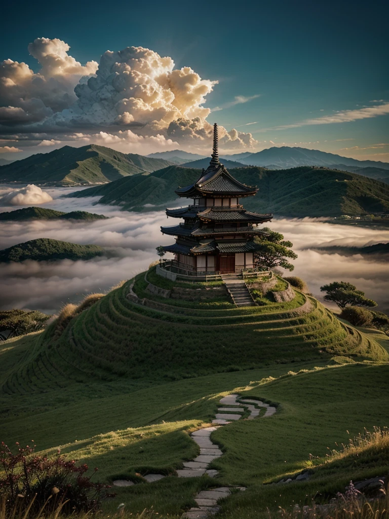 Beautiful view, dramatic lighting, grass, japanese style structures, sea of clouds