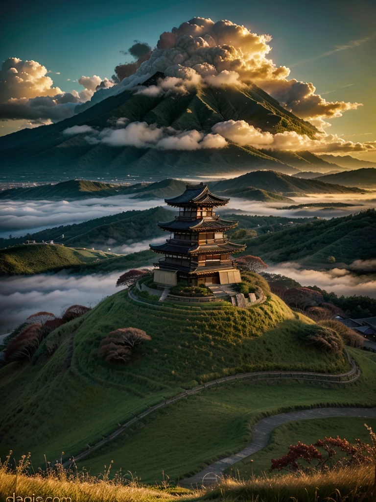 Beautiful view, dramatic lighting, grass, japanese style structures, sea of clouds