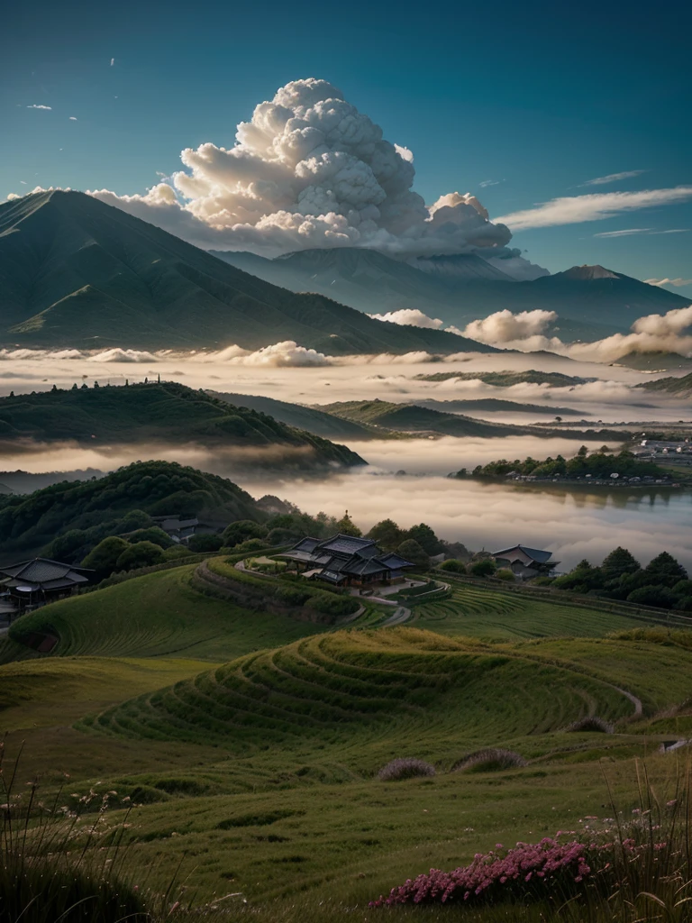 Beautiful view, dramatic lighting, grass, japanese style structures, sea of clouds