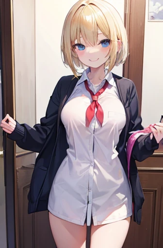 masterpiece blonde Bob high school girl small Big Breasts Insanity smile cardigan whole body Gal Detective thin 歪んだsmile No background