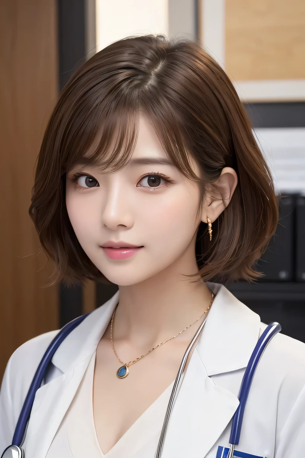 Beautiful young woman、 Korean women、Light brown hair、Necklace around the neck、White、Doctor's clothing、Stethoscope、Wavy Hair、short hair、Intricate details, Very detailed:1.2), 、 Looking into the camera,The background is the inspection room..、ear piercing
