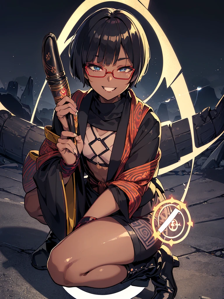 (flat chest:), (masterpiece:1.2), highest quality, High resolution, unity 8k wallpaper, (fine and beautiful eyes:1.6), highly detailed face, perfect lighting, Detailed CG, (perfect hands, perfect anatomy), (1 boy solo:1.4), 20 years old, black hair, extremely beautiful detailfeminine face and eyes, (evil smile:1.4), detailed eyes, best quality,( dark skin:1.8), (turtleneck shirt under yukata:1.2), (bike shorts:1.2), extremely detailed, very precise detailed, (glasses:1.3), blunt bangs, open mouth, (very short pixie cut:1.2), boots,fingerless gloves, smile, (half closed eyes:1.5), ,(squat in magic circle on ground:1.1) ,night sky,long sidelocks,(long red Scarf),(yukata),(squatting),(acrobat pose:1.3),(squat:1.3),leaning forward,(one knee dwon:1.5),(Put one foot in front:1.3),(stylish pose:1.4),(Raise only index finger:1.1),,(retro artstyle:1.2), (1990s \(style\)),(in magic circle on ground only:1.3),(from above:1.2),(have a magic scroll:1.8)