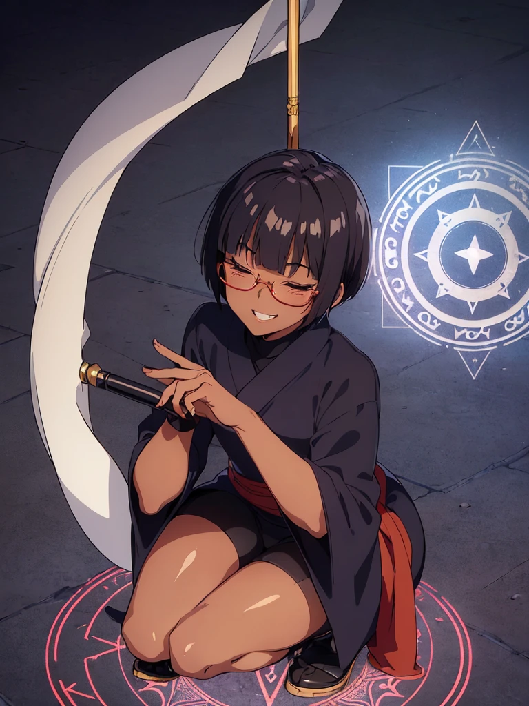 (flat chest:), (masterpiece:1.2), highest quality, High resolution, unity 8k wallpaper, (fine and beautiful eyes:1.6), highly detailed face, perfect lighting, Detailed CG, (perfect hands, perfect anatomy), (1 boy solo:1.4), 20 years old, black hair, extremely beautiful detailfeminine face and eyes, (evil smile:1.4), detailed eyes, best quality,( dark skin:1.8), (turtleneck shirt under yukata:1.2), (bike shorts:1.2), extremely detailed, very precise detailed, (glasses:1.3), blunt bangs, open mouth, (very short pixie cut:1.2), boots,fingerless gloves, smile, (half closed eyes:1.5), ,(squat in magic circle on ground:1.1) ,night sky,long sidelocks,(long red Scarf),(yukata),(squatting),(acrobat pose:1.3),(squat:1.3),leaning forward,(one knee dwon:1.5),(Put one foot in front:1.3),(stylish pose:1.4),(Raise only index finger:1.1),,(retro artstyle:1.2), (1990s \(style\)),(in magic circle on ground only:1.3),(from above:1.2),(have a magic scroll:1.8)
