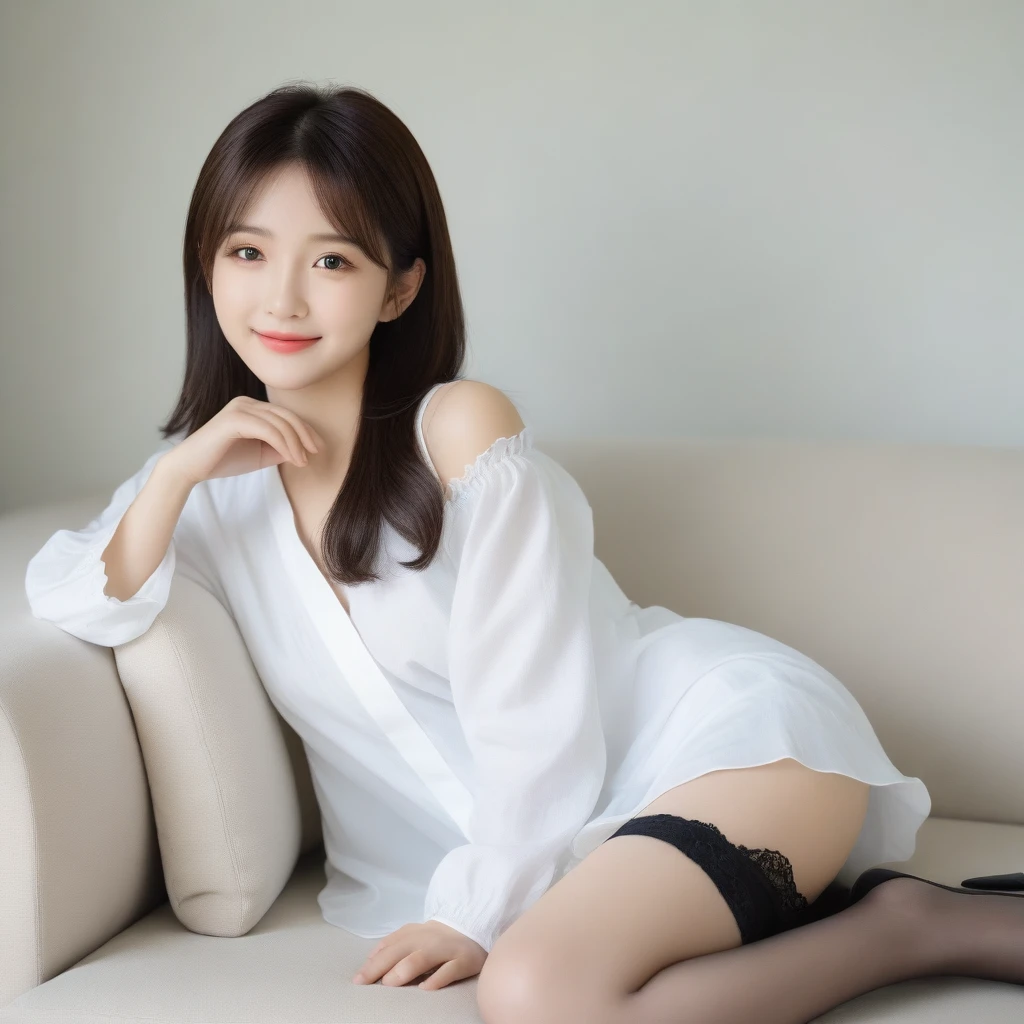 8K, Ultra-high resolution, Highest quality, masterpiece, 三分割法によるphotograph,Surreal, photograph, 1 girl, (16 years old:1.3), pretty girl, Cute face, Beautiful eyes in every detail, 細かくdetailedに,masterpiece,, One Girl:1.2, Japan Female Announcer,whole body,Low angle view,Young Wife,A woman sitting on a sofa,White blouse with collar,Black Pencil Skirt,Black Stockings,Black high heels、Full of cleanliness,A carefree smile,Healing the heart,Semi-long layered hair,Looking at the audience、beauty,Long neck、Laugh a little、Please close your mouth and laugh、(((Ideal body type))),A-cup small breasts :2,、Portraiture:2、Perfect ???????、鮮明なdetailed、detailed、Surreal、Light and shadow,Strong light