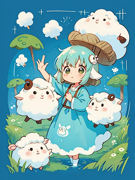 hayao miyazaki style、Kawaii Design, The most beautiful girl of all time、Little, (((Cute amoeba))), Shortcuts、Sheep motif、fluffy、Healing