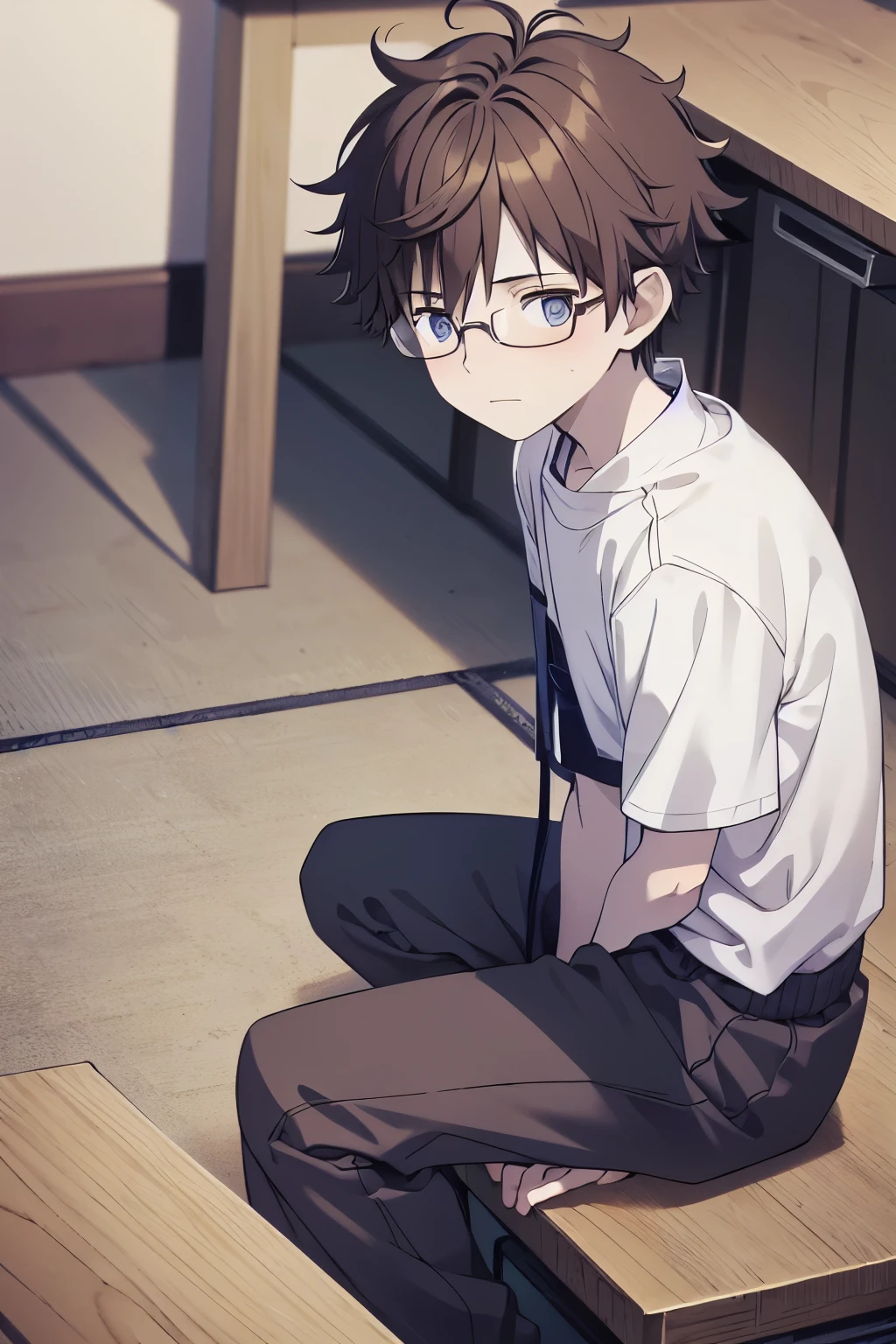 teenage boy, from the top angle, nerdy guy, wearing glasses, short, short hair slightly messy hair, pale skin, nervous and slightly flushed expression, wearing a Japanese , in the corner of the classroom