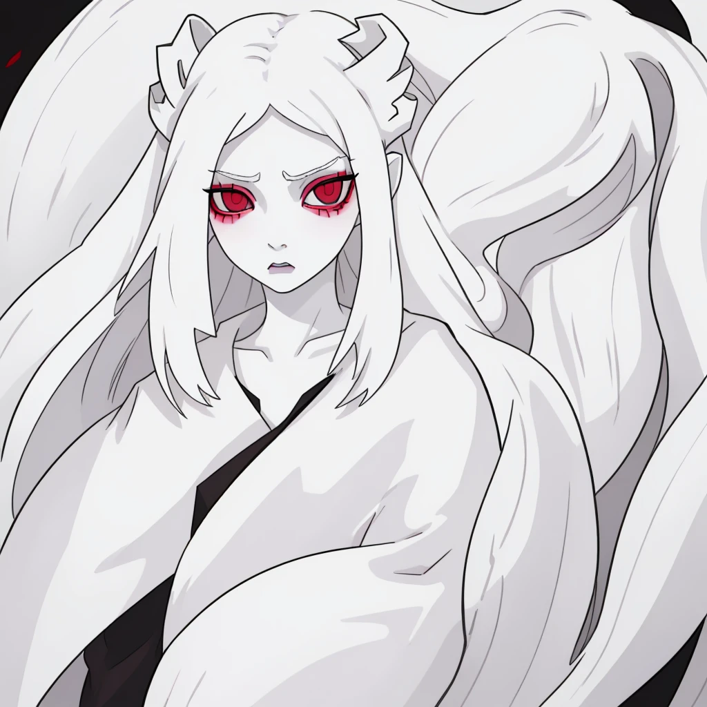 A girl with long white hair, pale skin, with the lower eyelids of the eyes, dark and extremely pale skin, appearing to be sick or weak. She&#39;s sitting in a white padded room(you already, a hospice room), the place has weak kuzes, giving a dark and melancholy atmosphere. The girl looks at the user with an expression of madness and hallucination, while the okhos glow a dark shade of purple.