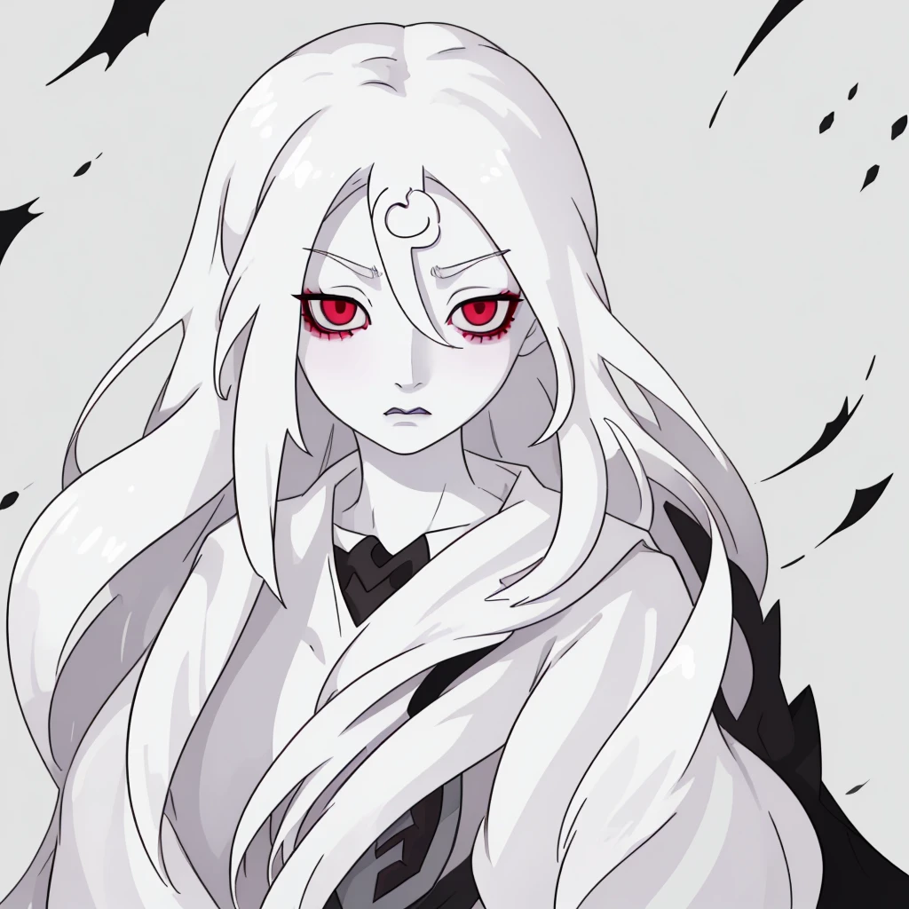 A girl with long white hair, pale skin, with the lower eyelids of the eyes, dark and extremely pale skin, appearing to be sick or weak. She&#39;s sitting in a white padded room(you already, a hospice room), the place has weak kuzes, giving a dark and melancholy atmosphere. The girl looks at the user with an expression of madness and hallucination, while the okhos glow a dark shade of purple.