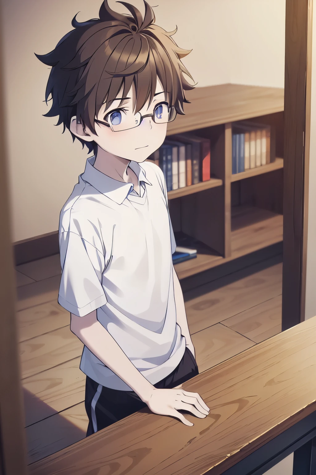 teenage boy, from the top angle, nerdy guy, wearing glasses, short, short hair slightly messy hair, pale skin, nervous and slightly flushed expression, wearing a Japanese , in the corner of the classroom