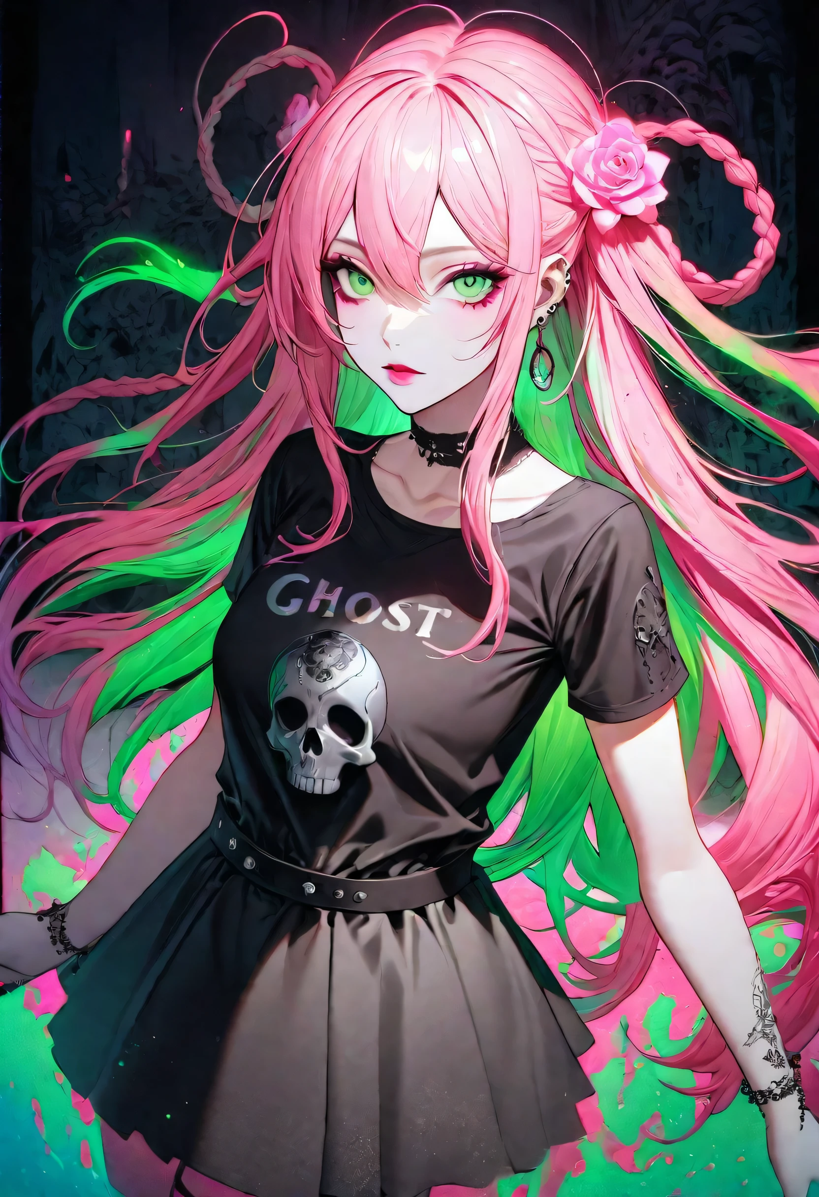 Long waves of pastel pink hair flow down her back, intricately braided. She wears a faded black t-shirt emblazoned with a skull and the cryptic text "GHOST." In this visually striking photograph, the subject exudes an aura of edgy elegance. Her piercing green eyes are accentuated by sleek, dramatic makeup, emphasizing the mysterious allure of her persona. The lighting captures every subtle highlight and shadow, creating a rich, immersive visual experience. This captivating portrait delves into the intriguing world of modern fantasy fashion.