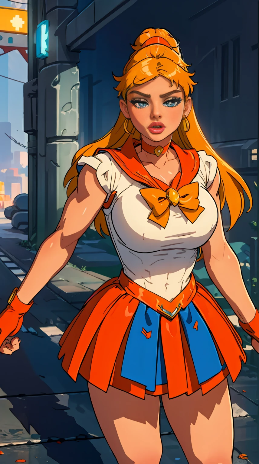 (La mejor calidad,A high resolution,Ultra - detallado,actual),Selena Gomez, (masterpiece, best quality;1.3), very detailed CG, very detailed, 1 girl, alone, laugh, looking at viewer, stylish angle, blonde long hair,blue eyes, sv1, Sailor Sensi Uniform, Orange skirt, elbow bag, tiara, Orange Sailor Color, red bow, Orange Choker, white gloves, bijouterie, from above,,(Fondo de ruinas de mazmorra en ruinas cyberpunk :1.4 ) I have a lot of heart, face focus,venus,hurricane,abstract background, galaxy background,(Sailor Venus:1.4), (Sailor Venus V2.1), ,(Fondo de ruinas de mazmorra en ruinas piedras grandes cyberpunk :1.4 ),(perfect anatomy :1.4), (cinematic lighting :1.4),( dynamic cowboy pose), (fondo lluvia cayendo nublado tenebroso :1.4), (Selena Gomez :1.4), (Selena Gomez V2.1),( dedos detailed :1.4)