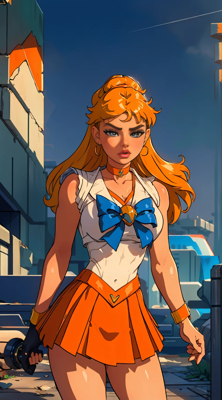 (La mejor calidad,A high resolution,Ultra - detallado,actual),Selena Gomez, (masterpiece, best quality;1.3), very detailed CG, very detailed, 1 girl, alone, laugh, looking at viewer, stylish angle, blonde long hair,blue eyes, sv1, Sailor Sensi Uniform, Orange skirt, elbow bag, tiara, Orange Sailor Color, red bow, Orange Choker, white gloves, bijouterie, from above,,(Fondo de ruinas de mazmorra en ruinas cyberpunk :1.4 ) I have a lot of heart, face focus,venus,hurricane,abstract background, galaxy background,(Sailor Venus:1.4), (Sailor Venus V2.1), ,(Fondo de ruinas de mazmorra en ruinas piedras grandes cyberpunk :1.4 ),(perfect anatomy :1.4), (cinematic lighting :1.4),( dynamic cowboy pose), (fondo lluvia cayendo nublado tenebroso :1.4), (Selena Gomez :1.4), (Selena Gomez V2.1),( dedos detailed :1.4)