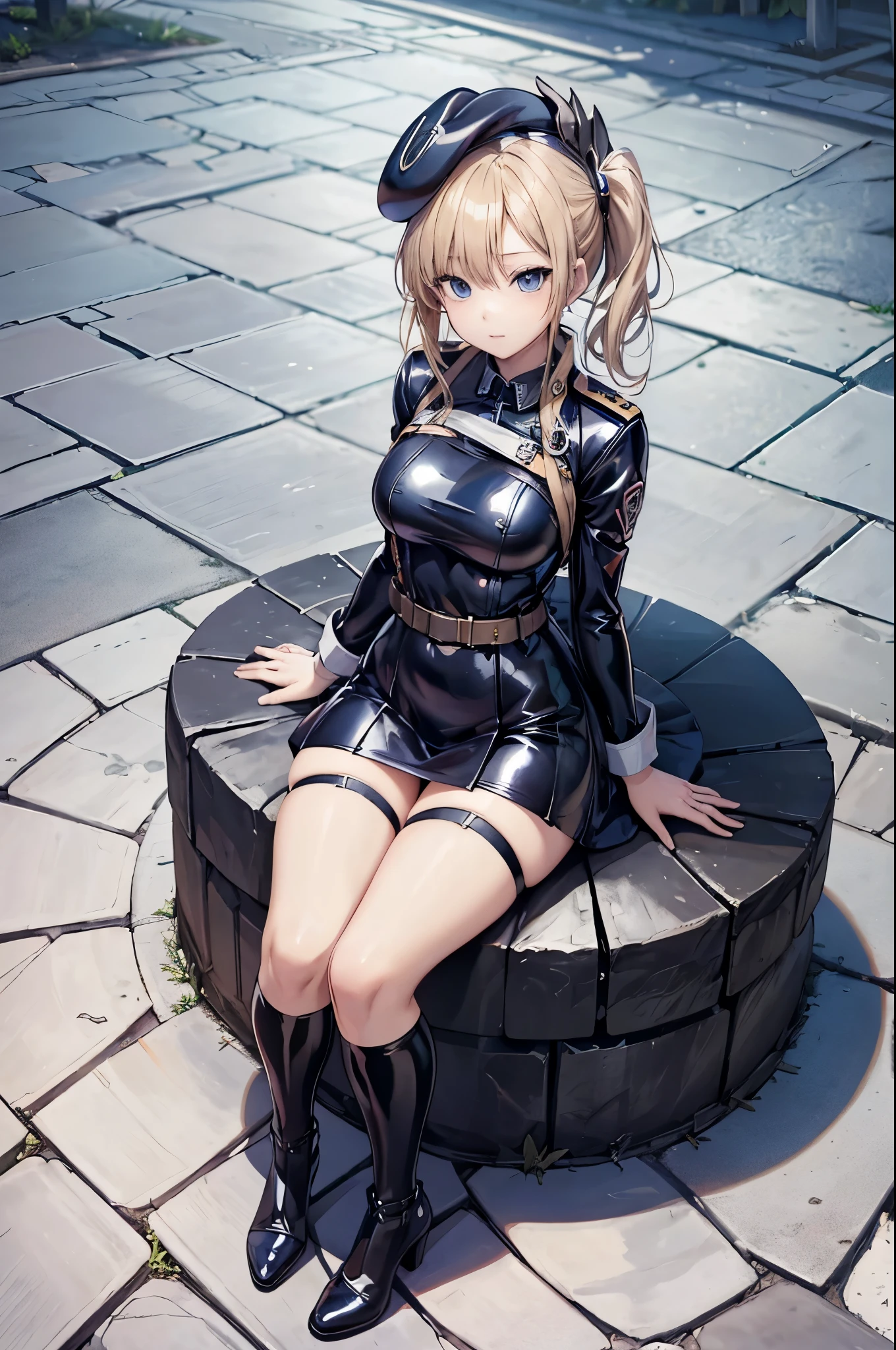 Anime-style image of a woman in a short latex uniform sitting on a cobblestone sidewalk, Anime drawing by Shitao, pixiv Contest Winner, Fantasy art, , Beautiful anime girl crouching, a Surreal , Anime girl crouching, Enchanting anime girl, Surreal , Lori、High heels、Panty shot、beret、