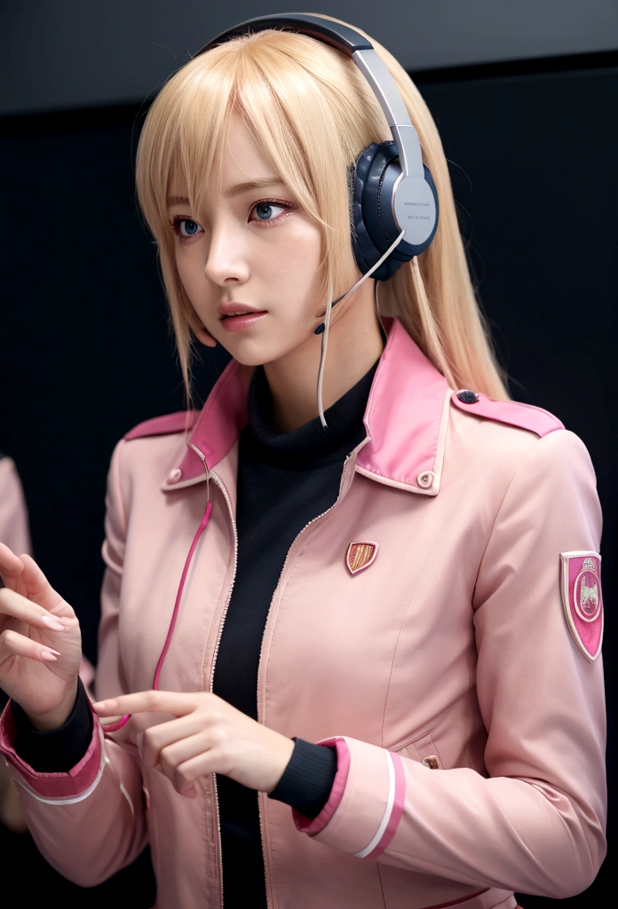 A photorealistic image of a beautiful female character with blonde hair wearing a headset, dressed in a pink military-style uniform with a pink jacket, red collar, and epaulettes. She is in a control room, with one hand holding the headset's microphone as if she is talking. The background shows control room equipment. The scene is reminiscent of classic 80s anime style, but with a realistic appearance.