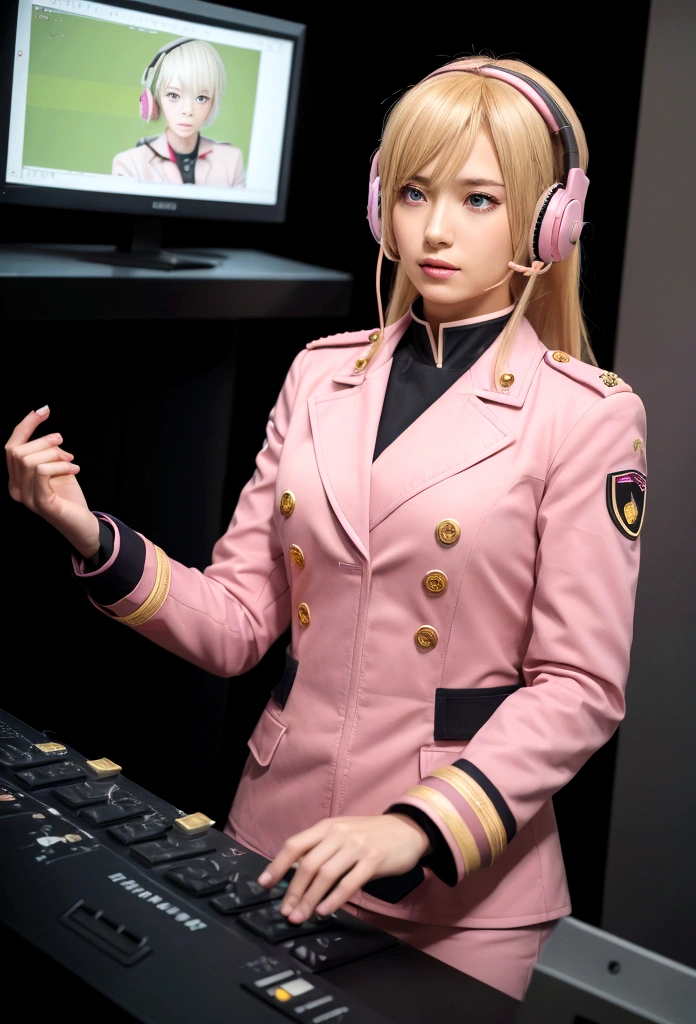 A photorealistic image of a beautiful female character with blonde hair wearing a headset, dressed in a pink military-style uniform with a pink jacket, red collar, and epaulettes. She is in a control room, with one hand holding the headset's microphone as if she is talking. The background shows control room equipment. The scene is reminiscent of classic 80s anime style, but with a realistic appearance.