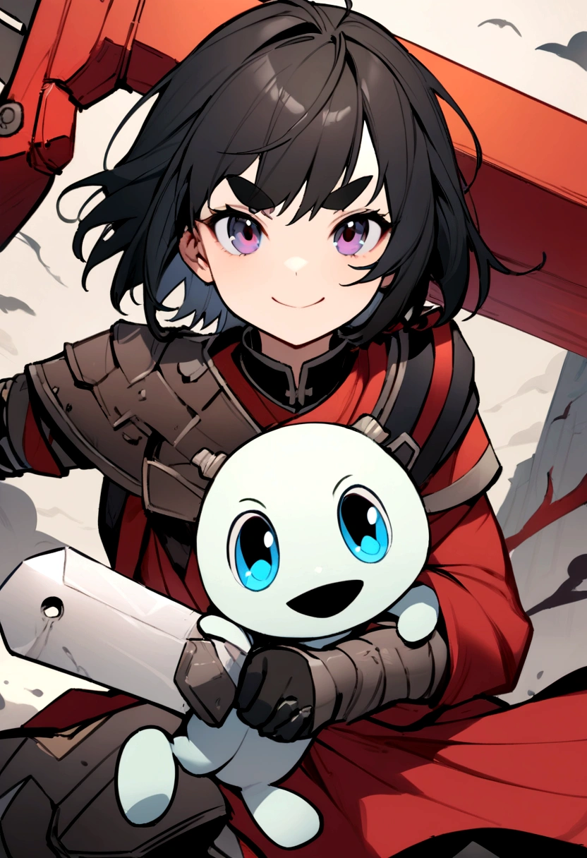 childhood friend,short hair,Black Hair,Thick eyebrows,single,{masterpiece},{high quality},{Very detailed},{Perfect Face},Holding a sword,Fight the Bone Warriors、Fearless smile