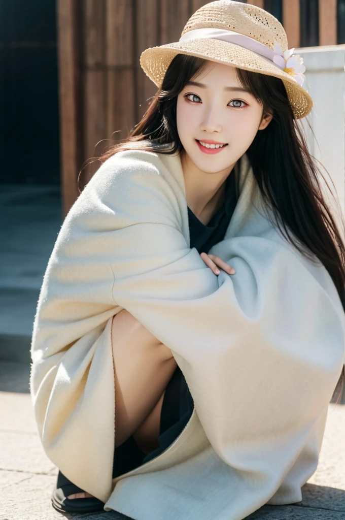 1girl, suonxam, photo art, (flower:1.2), a stunning photo with beautiful saturation, ultra high res,(realistic:1.4)),deep shadow,(best quality, masterpiece), pale skin, dimly lit, shade, flustered, blush, highly detailed, skinny, BREAK depth of field, film grain, wrinkled skin, looking at viewer, knee, warm smile, (full body:1.2), masterpiece,ultra realistic,32k,extremely detailed CG unity 8k wallpaper, best quality