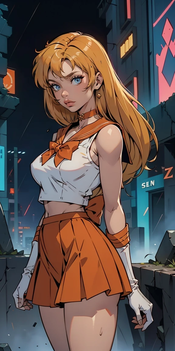 (La mejor calidad,A high resolution,Ultra - detallado,actual),Selena Gomez, (masterpiece, best quality;1.3), very detailed CG, very detailed, 1 girl, alone, laugh, looking at viewer, stylish angle, blonde long hair,blue eyes, sv1, Sailor Sensi Uniform, Orange skirt, elbow bag, tiara, Orange Sailor Color, red bow, Orange Choker, white gloves, bijouterie, from above,,(Fondo de ruinas de mazmorra en ruinas cyberpunk :1.4 ) I have a lot of heart, face focus,venus,hurricane,abstract background, galaxy background,(Sailor Venus:1.4), (Sailor Venus V2.1), ,(Fondo de ruinas de mazmorra en ruinas piedras grandes cyberpunk :1.4 ),(perfect anatomy :1.4), (cinematic lighting :1.4),( dynamic cowboy pose), (fondo lluvia cayendo nublado tenebroso :1.4), (Selena Gomez :1.4), (Selena Gomez V2.1),( dedos detailed :1.4)