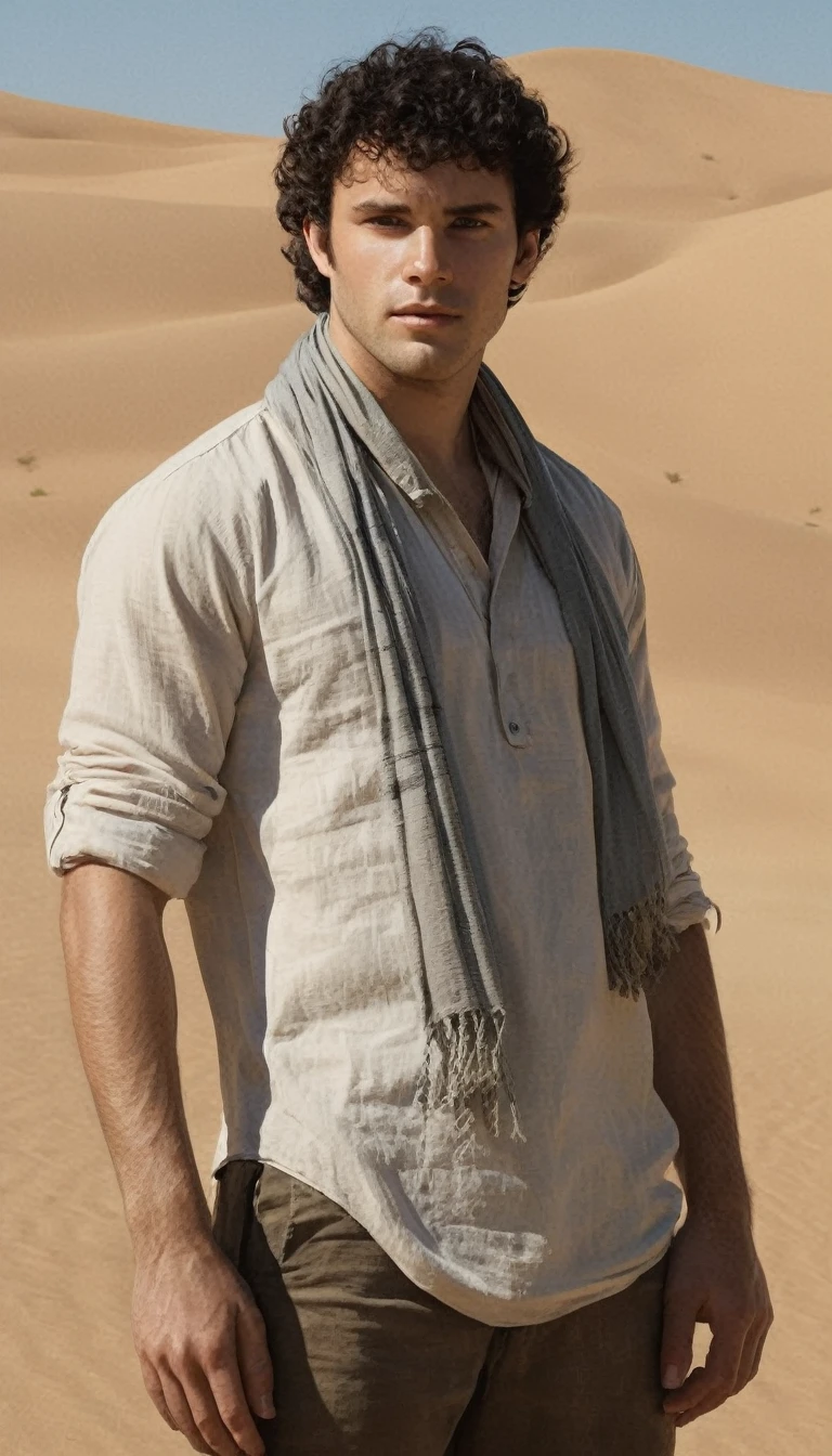 An illustrated movie poster, hand-drawn, full color, a male explorer, 28 years-old, resembles Gavin Leatherwood, wearing a linen shirt and a shemagh scarf, sun-tanned skin, stocky physique, deep brown eyes, wide bulbous nose, black hair, curly hair, thick bushy eyebrows, extremely hairy chest, stomach, and arms, lots of body hair, posing in a desert oasis, hard shadows, graphite shading, stencil markings, airbrushed acrylic paint, masterpiece, in the style of Lord of the Rings 